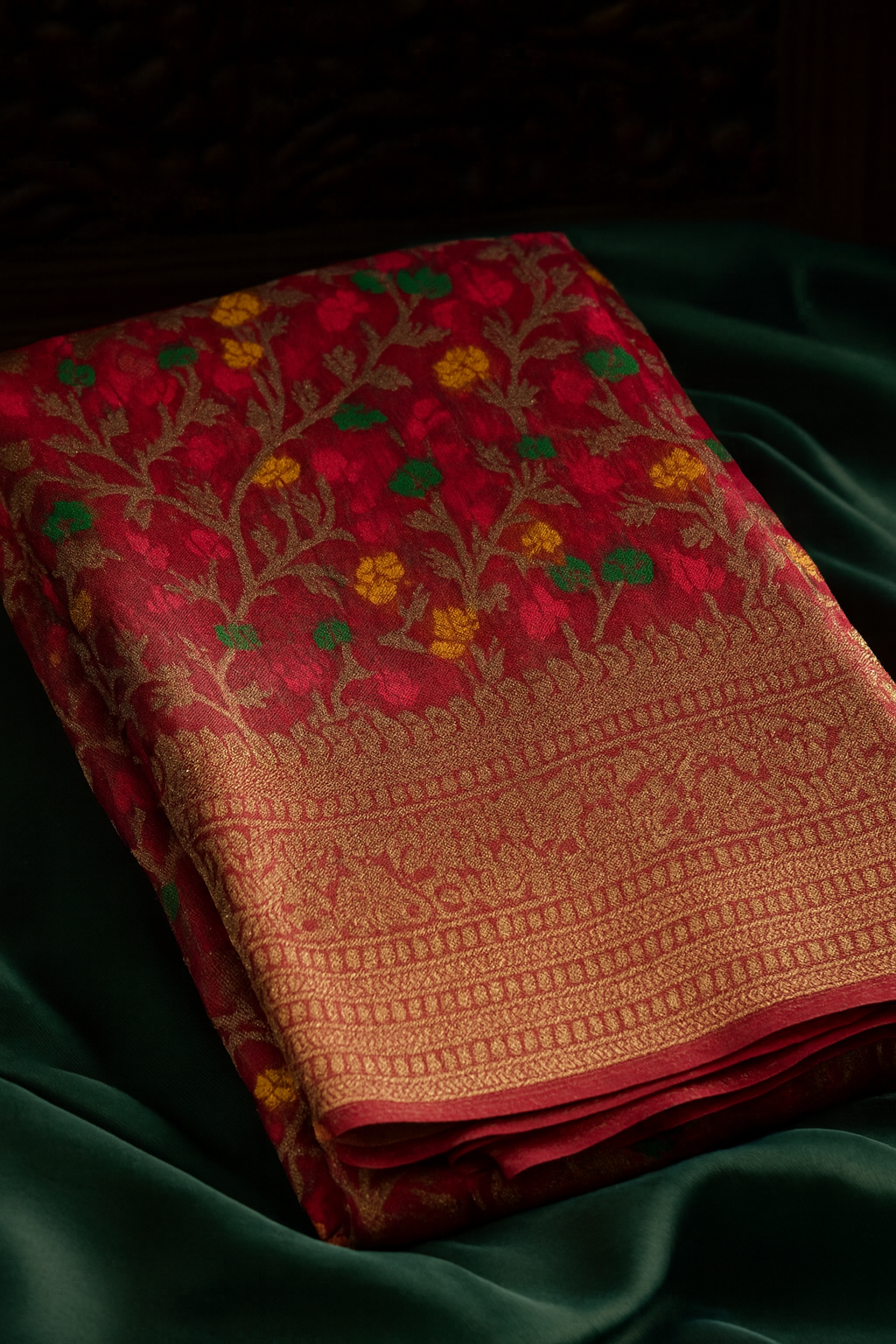 Crimson Makhi Butti Art Silk Saree