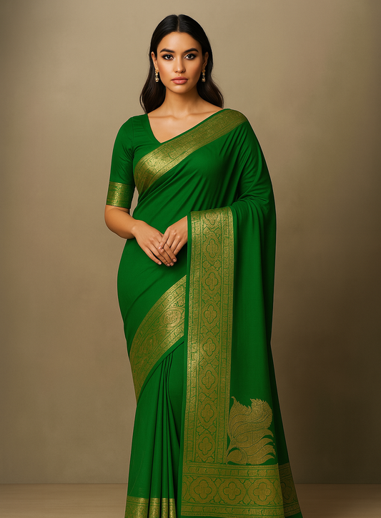 Emerald Elegance Art-Silk Saree with Gold Zari Border
