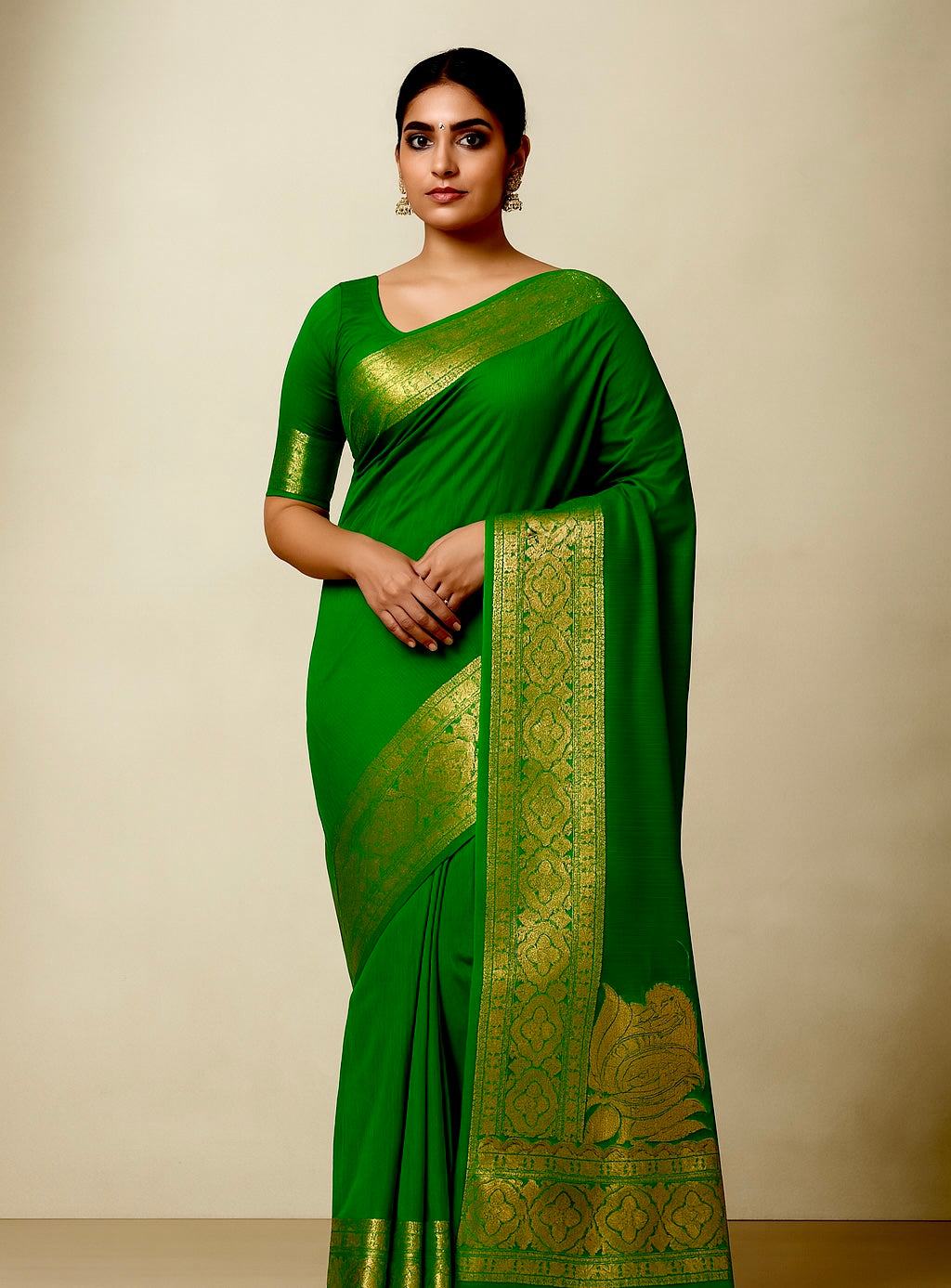 Emerald Elegance Art-Silk Saree with Gold Zari Border