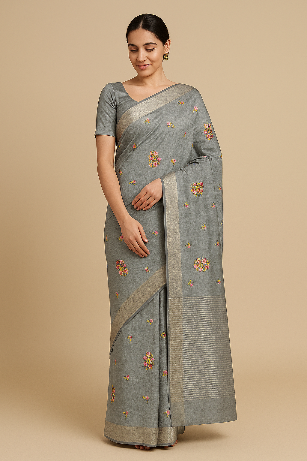 Grey Saree with Floral Embroidery and Silver Zari Border