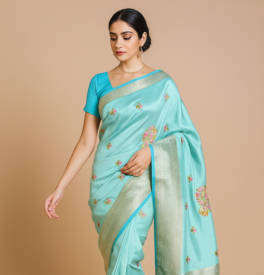 Turquoise Art Silk Saree with Floral Embroidery and Silver-Zari Border