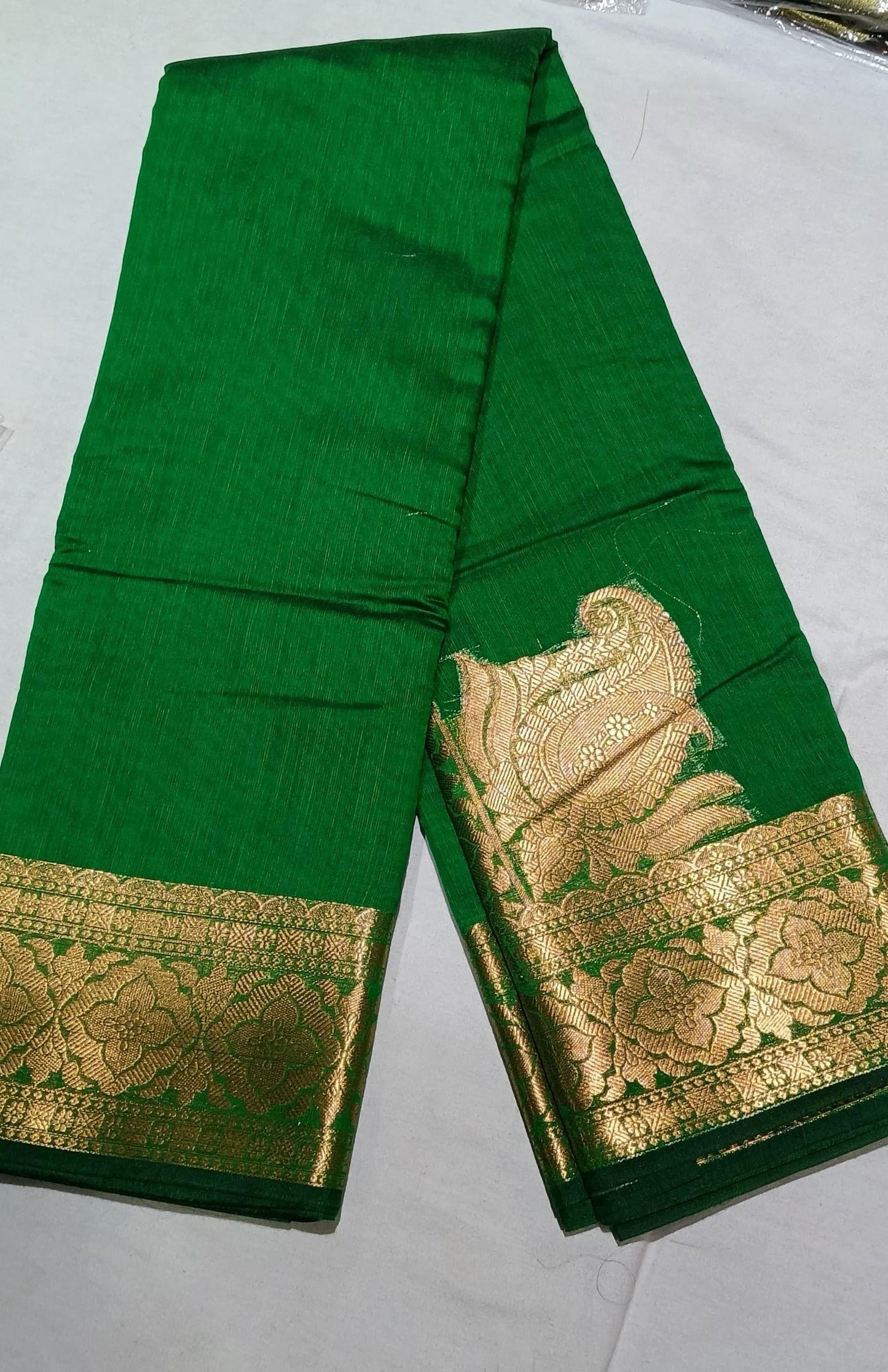 Emerald Elegance Art-Silk Saree with Gold Zari Border