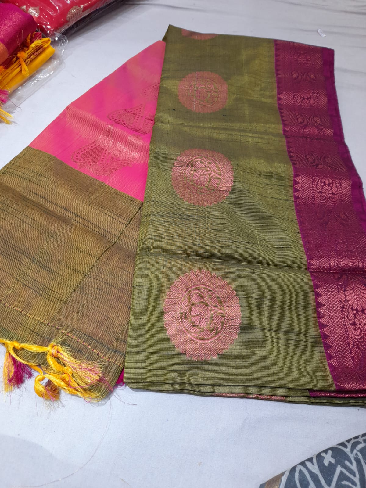 Elegant Olive Green & Rani Pink Muga Silk Saree