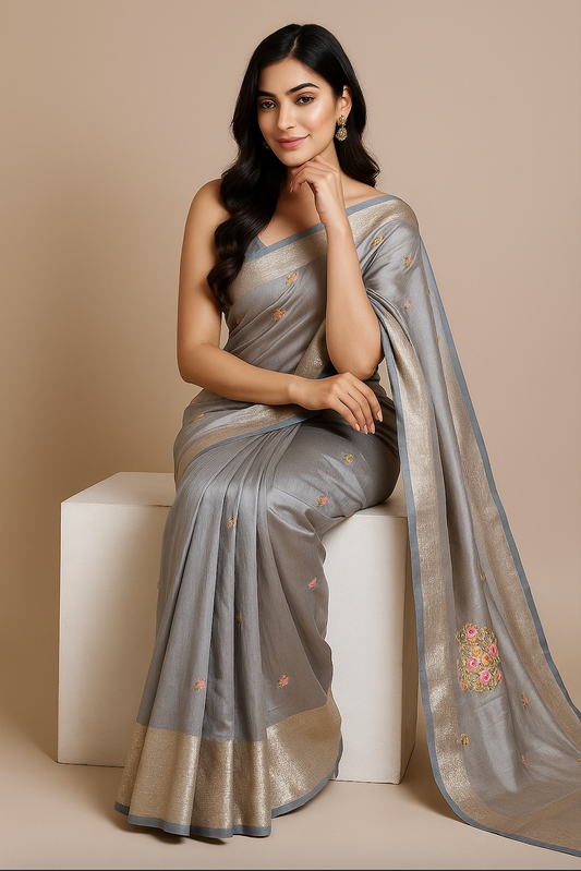 Grey Saree with Floral Embroidery and Silver Zari Border