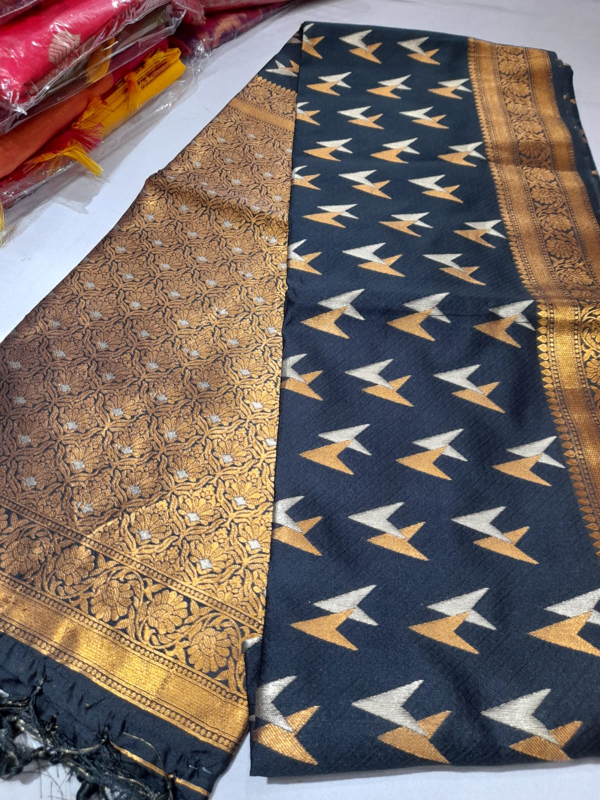 Elegant Black & Gold Art Silk Saree with Zari Bird Motifs