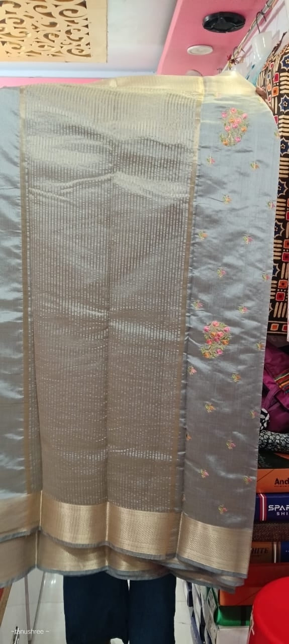 Grey Saree with Floral Embroidery and Silver Zari Border