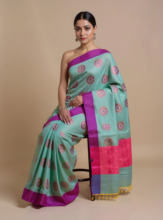 Elegant Sea-Green & Magenta Muga Silk Saree