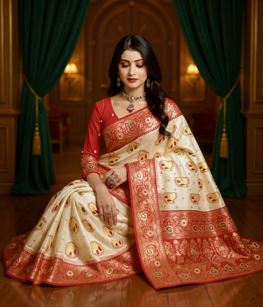 Andvib Red Heritage Silk Saree with Rich Golden Border