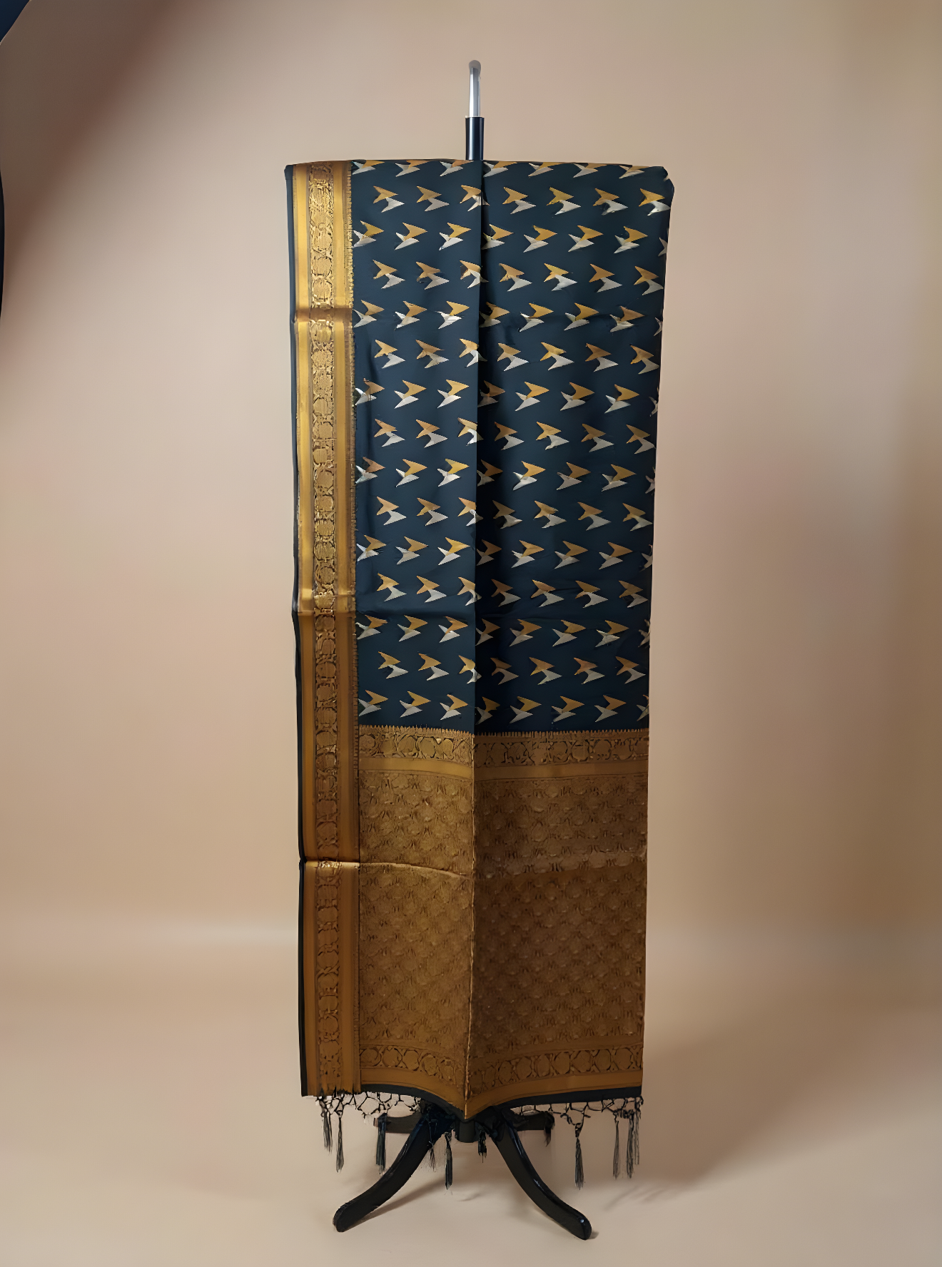 Elegant Black & Gold Art Silk Saree with Zari Bird Motifs