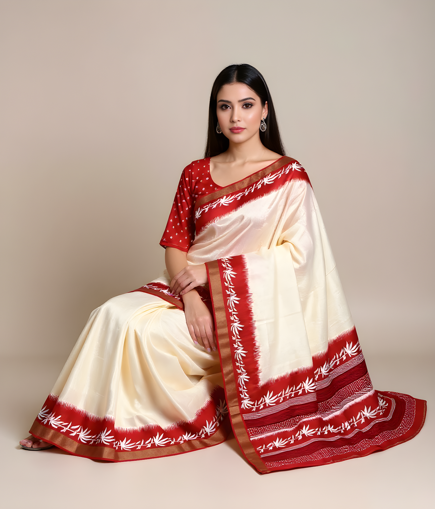 Classic White & Red Slub Silk Saree With Blouse