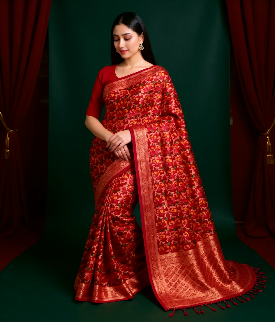 Crimson Makhi Butti Art Silk Saree
