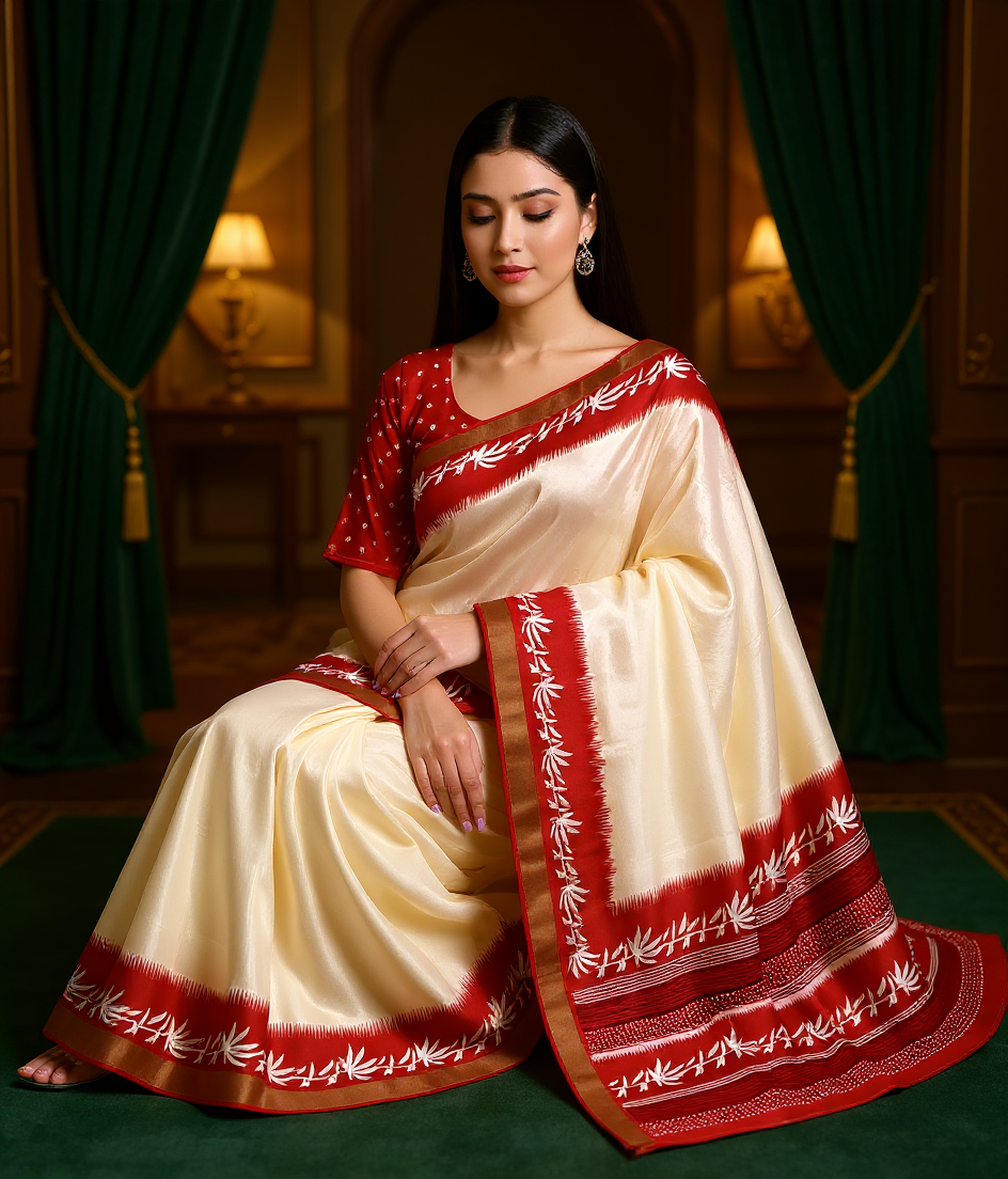 Classic White & Red Slub Silk Saree With Blouse
