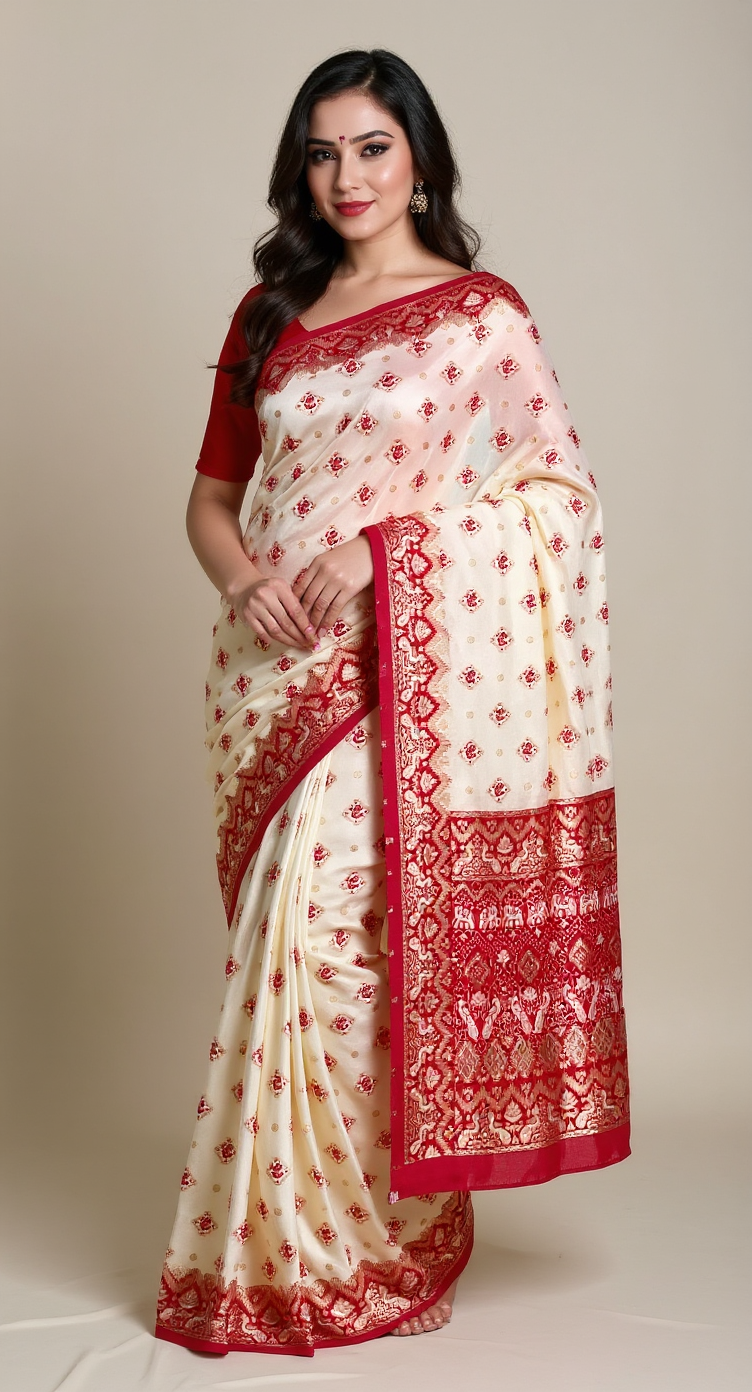 Elegant White Tussar Silk Saree with Red & Golden Weaving
