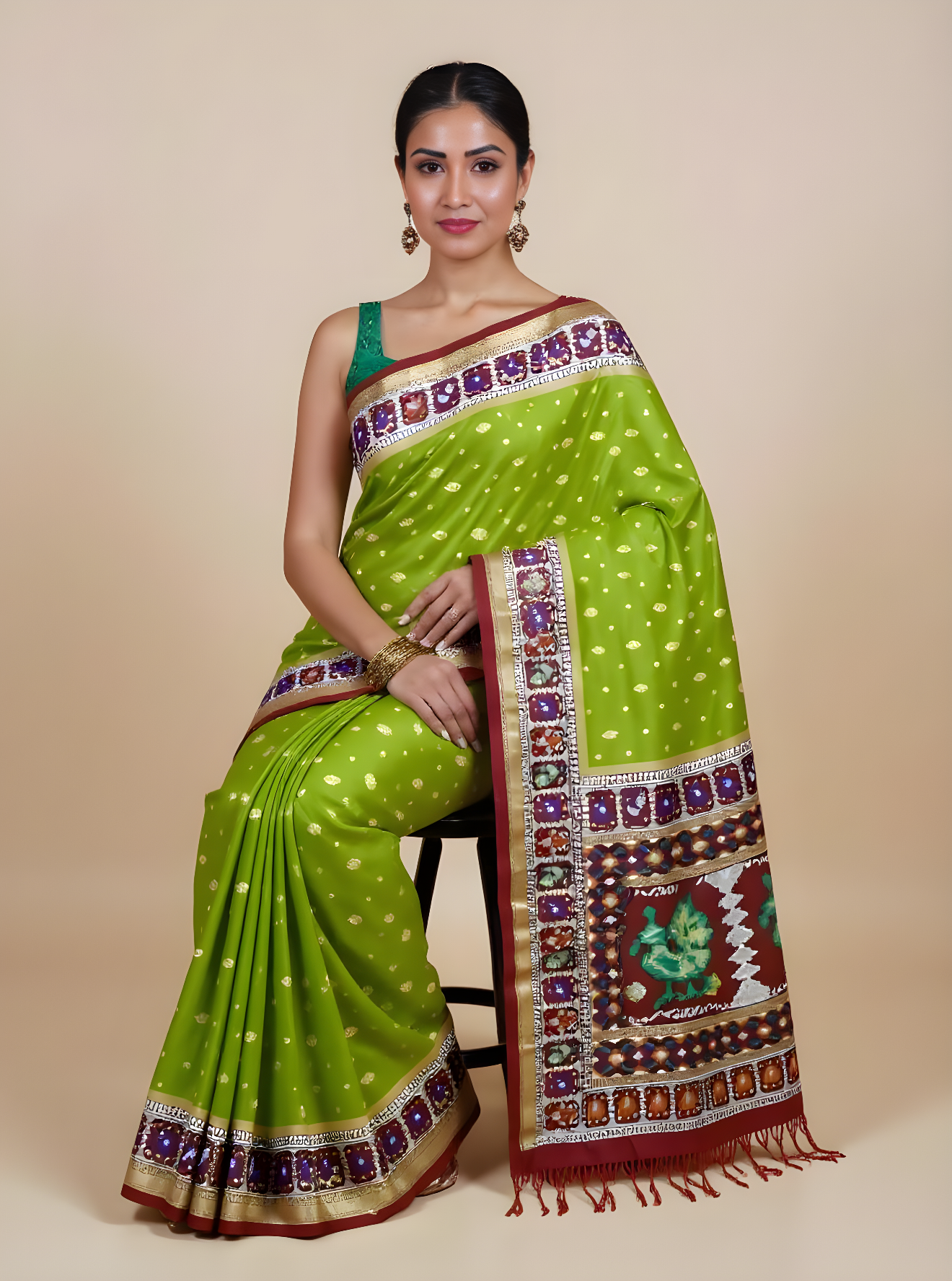 Premium Green Ikkat Silk Saree with Rich Zari Border