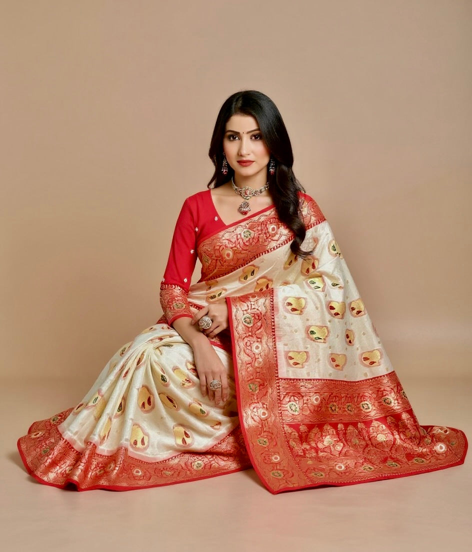 Andvib Red Heritage Silk Saree with Rich Golden Border
