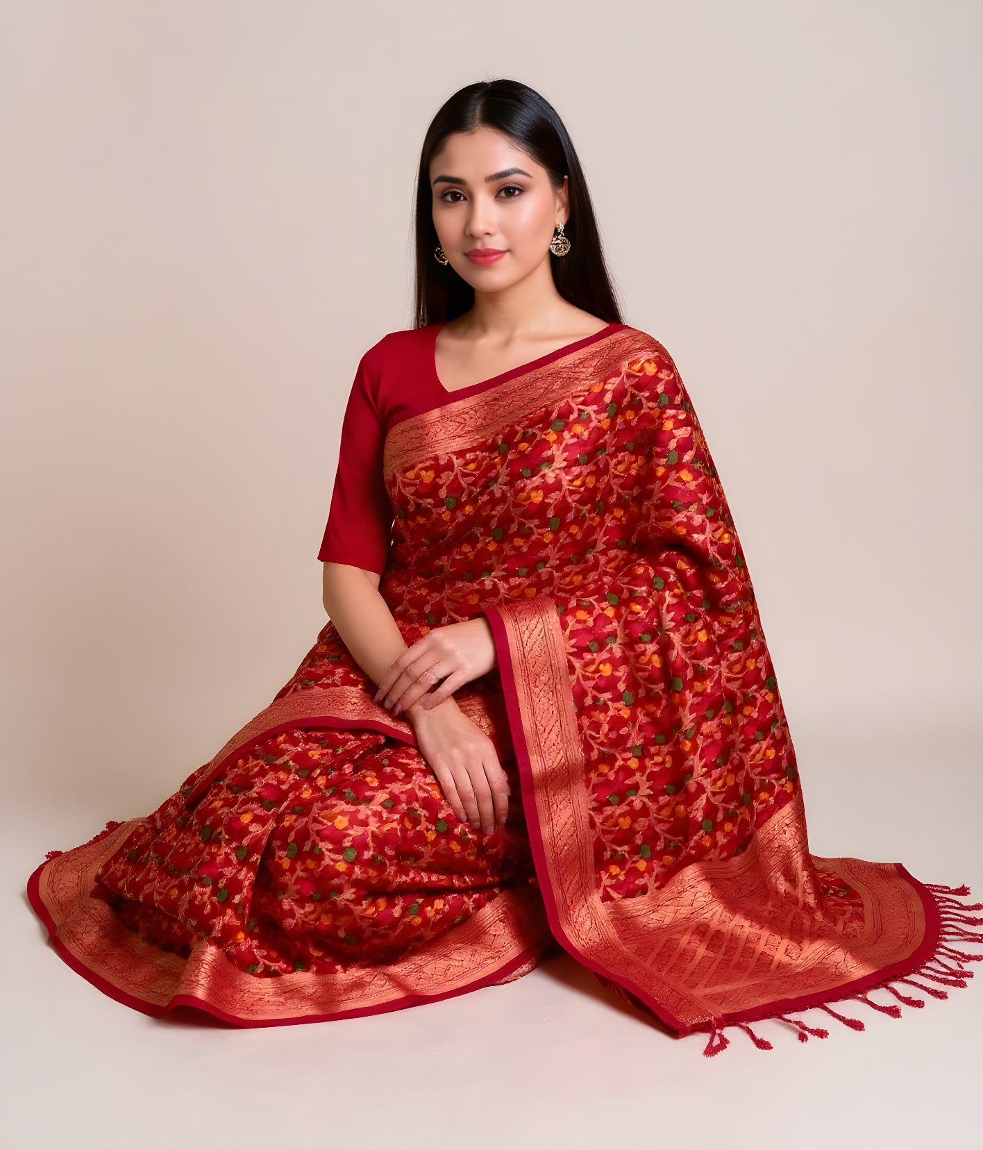 Crimson Makhi Butti Art Silk Saree