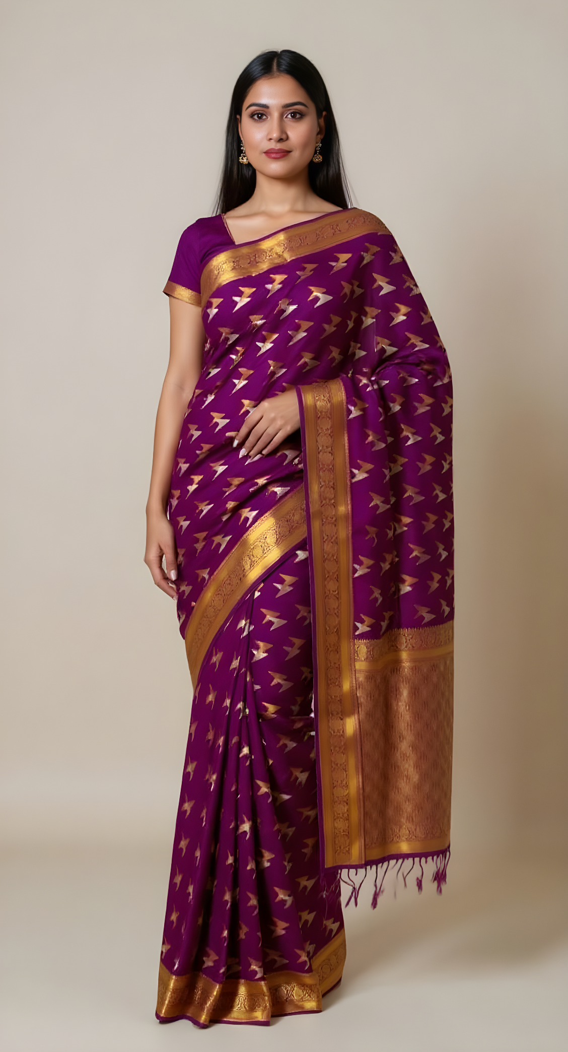 Royal Purple Art Silk Saree with Golden Bird Motifs
