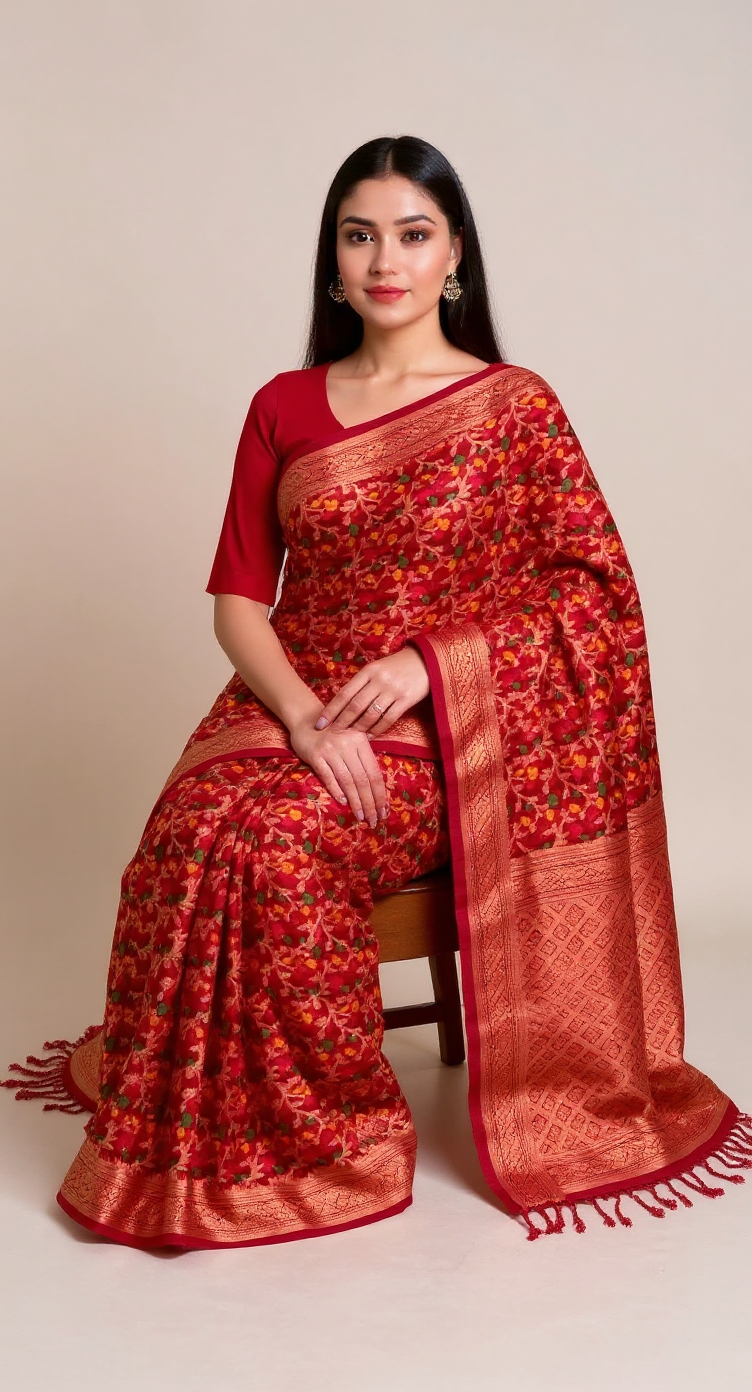 Crimson Makhi Butti Art Silk Saree