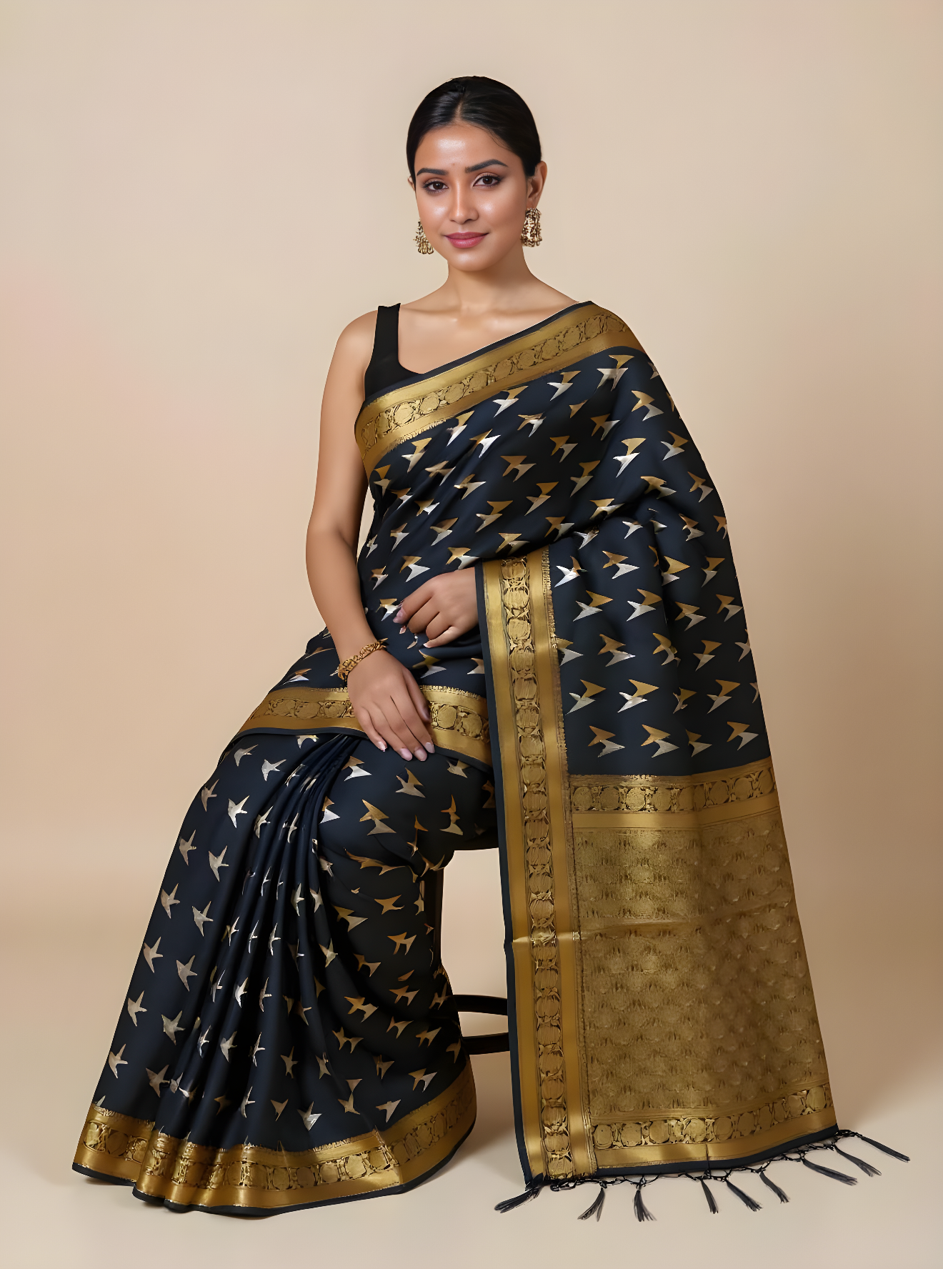Elegant Black & Gold Art Silk Saree with Zari Bird Motifs