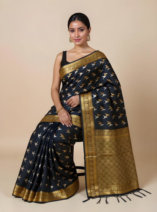 Elegant Black & Gold Art Silk Saree with Zari Bird Motifs
