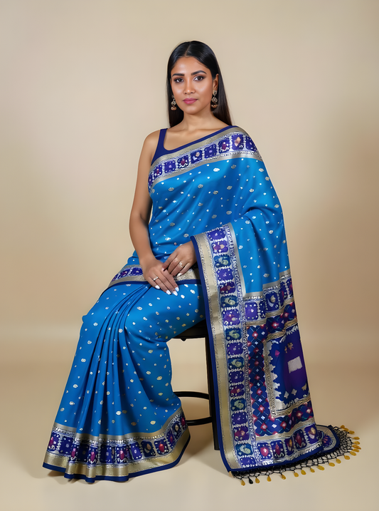 Premium Royal-Blue Ikkat Silk Saree with Rich Zari Border