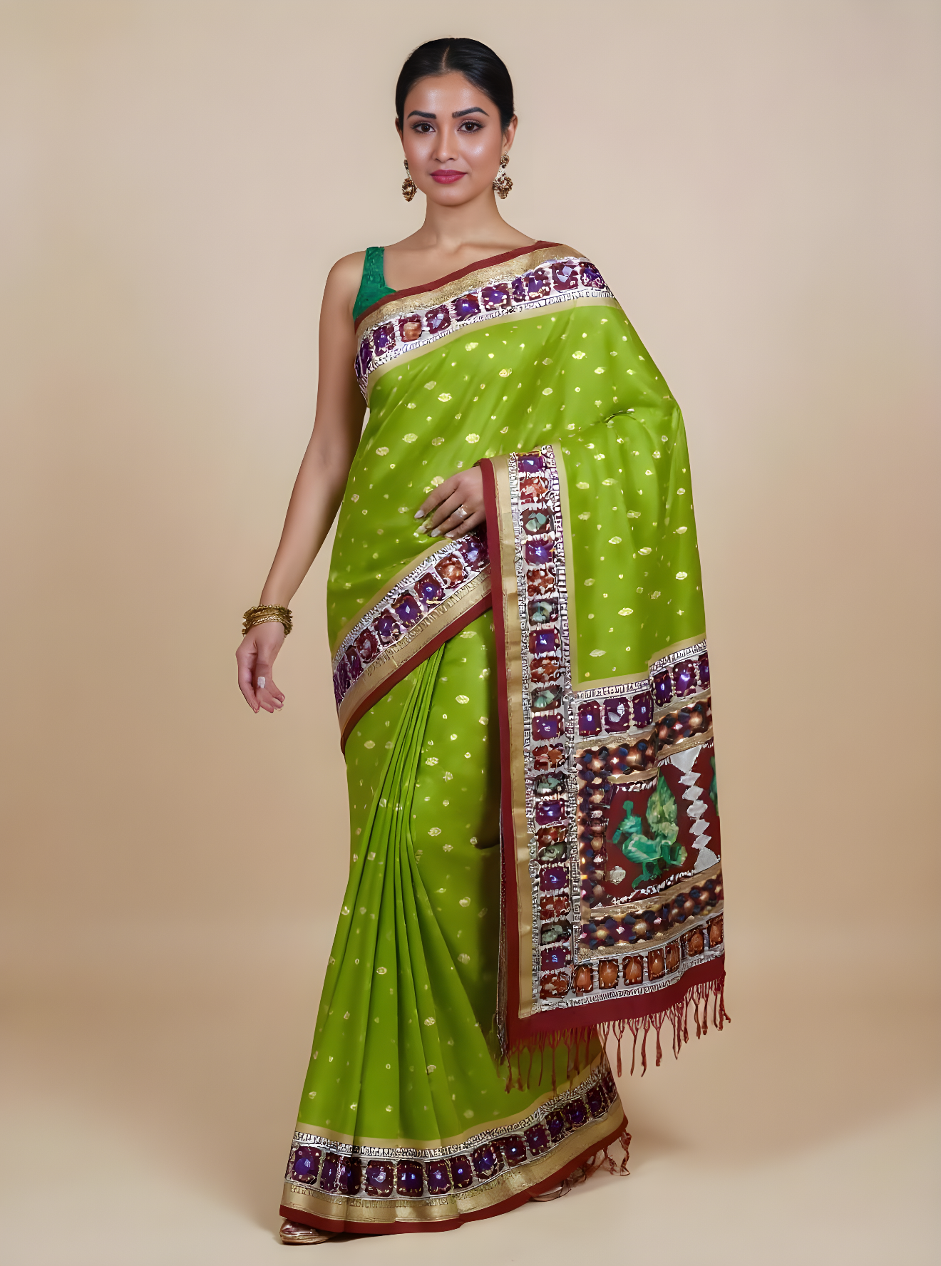 Premium Green Ikkat Silk Saree with Rich Zari Border