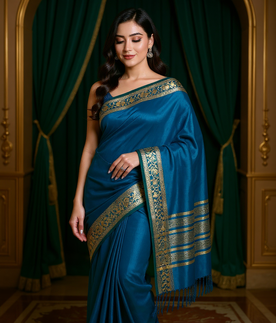 Royal Blue Art Silk Saree with Golden Zari Border