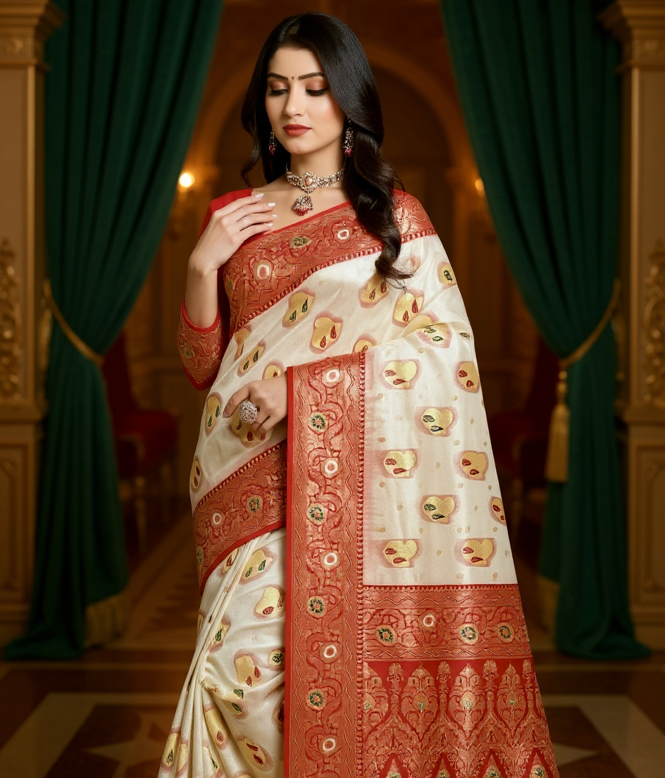 Andvib Red Heritage Silk Saree with Rich Golden Border