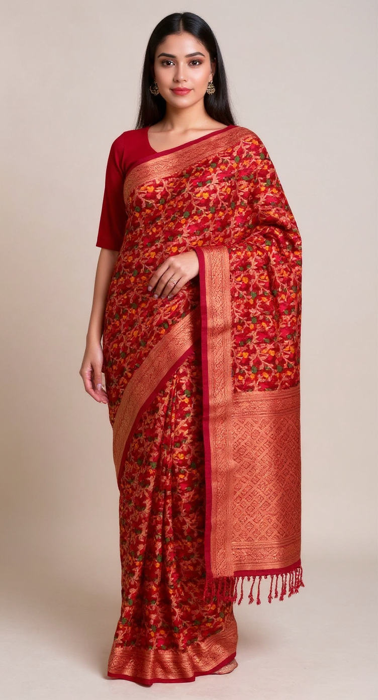 Crimson Makhi Butti Art Silk Saree