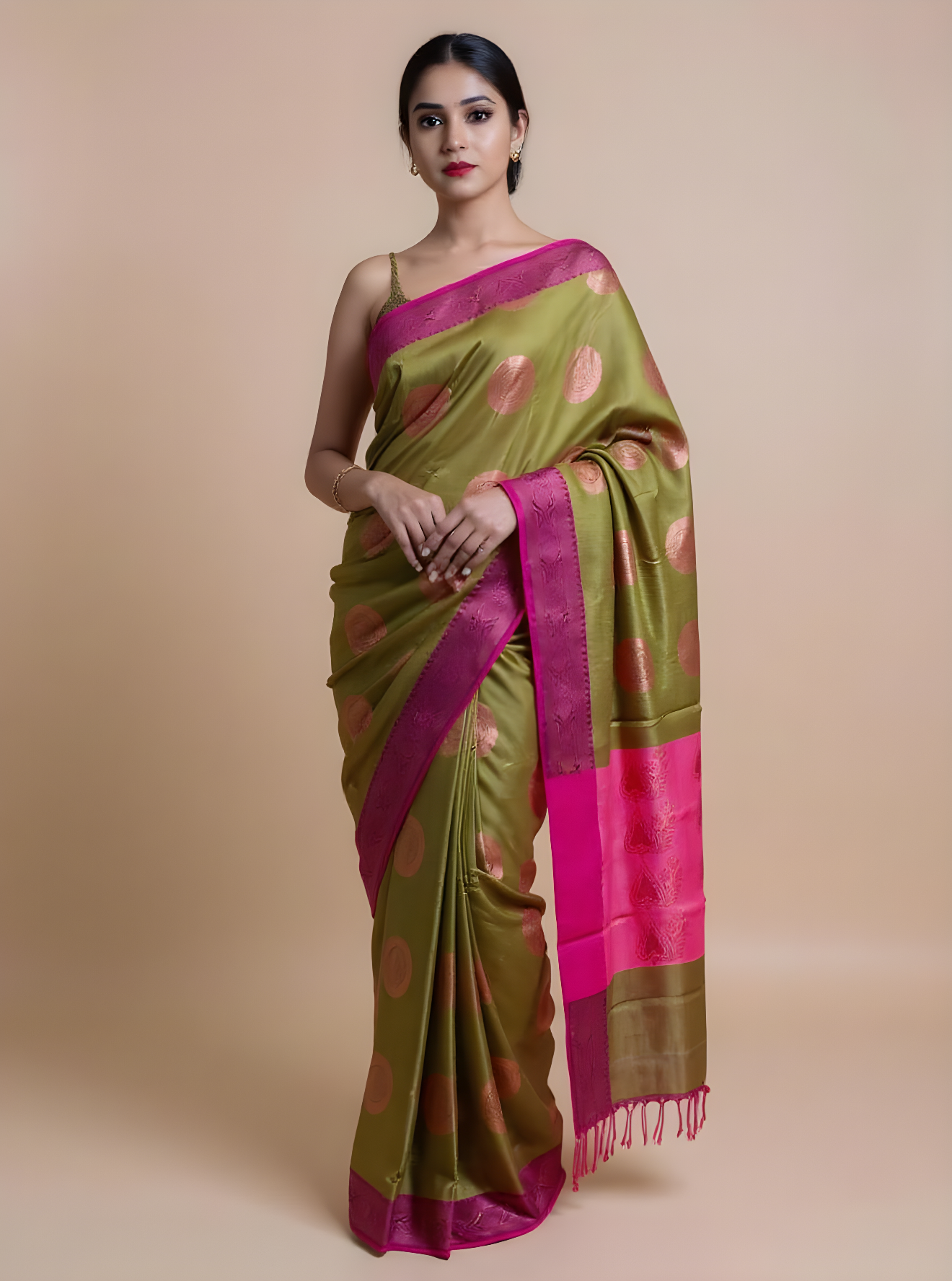 Elegant Olive Green & Rani Pink Muga Silk Saree