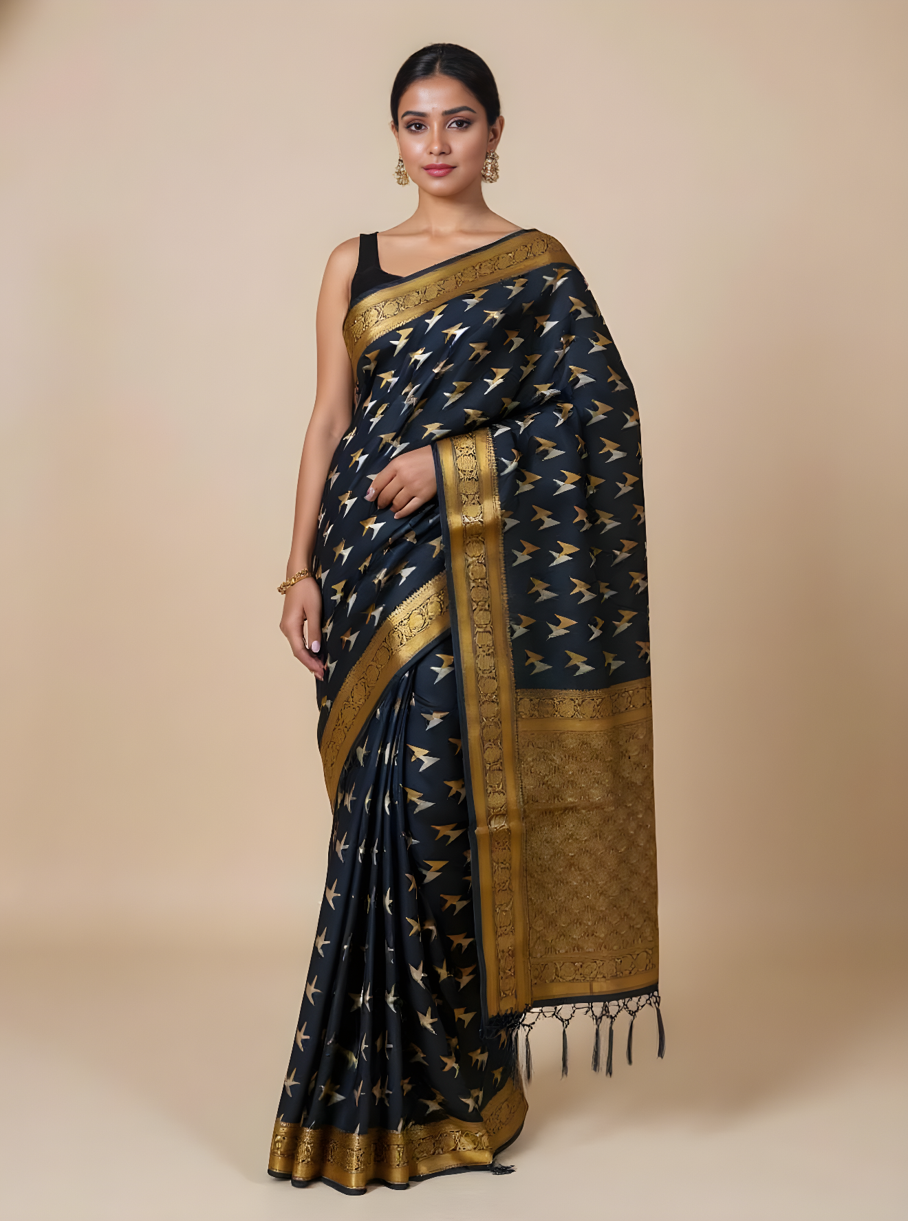 Elegant Black & Gold Art Silk Saree with Zari Bird Motifs