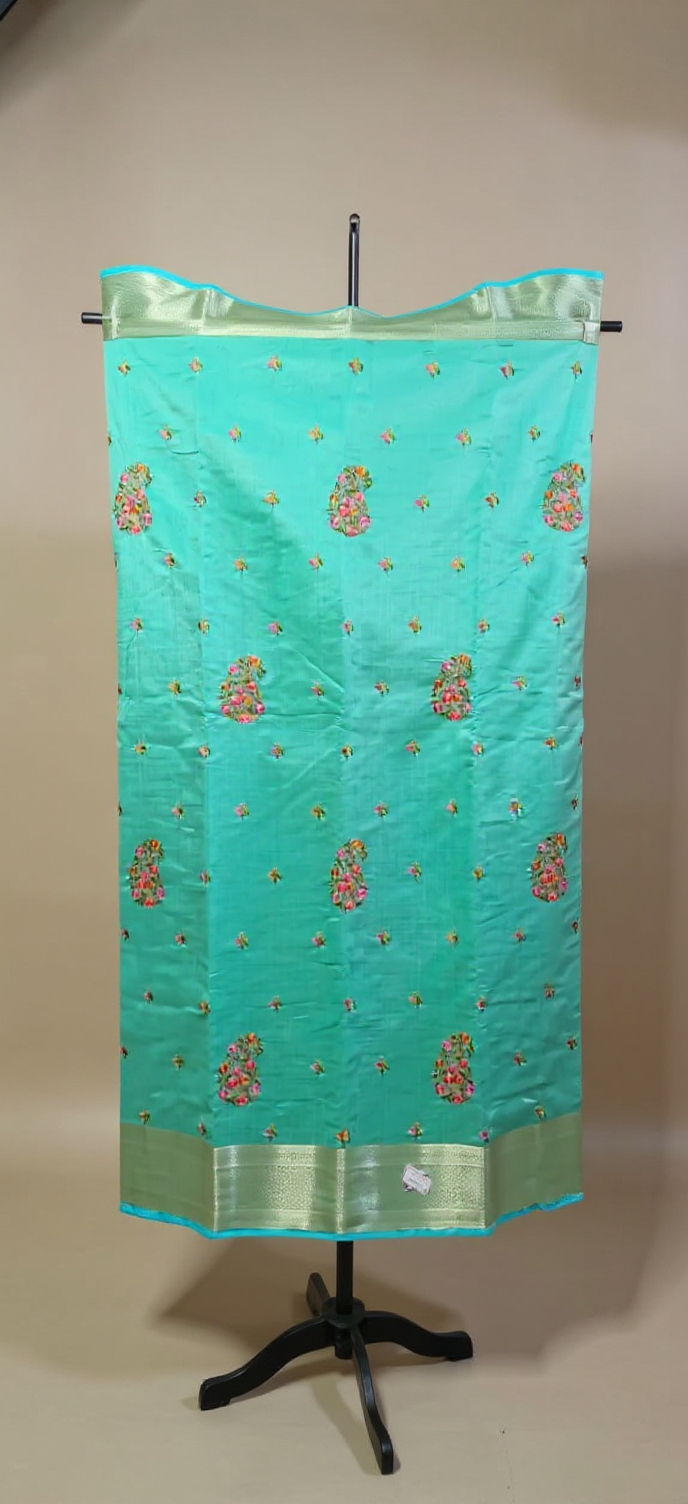Turquoise Art Silk Saree with Floral Embroidery and Silver-Zari Border
