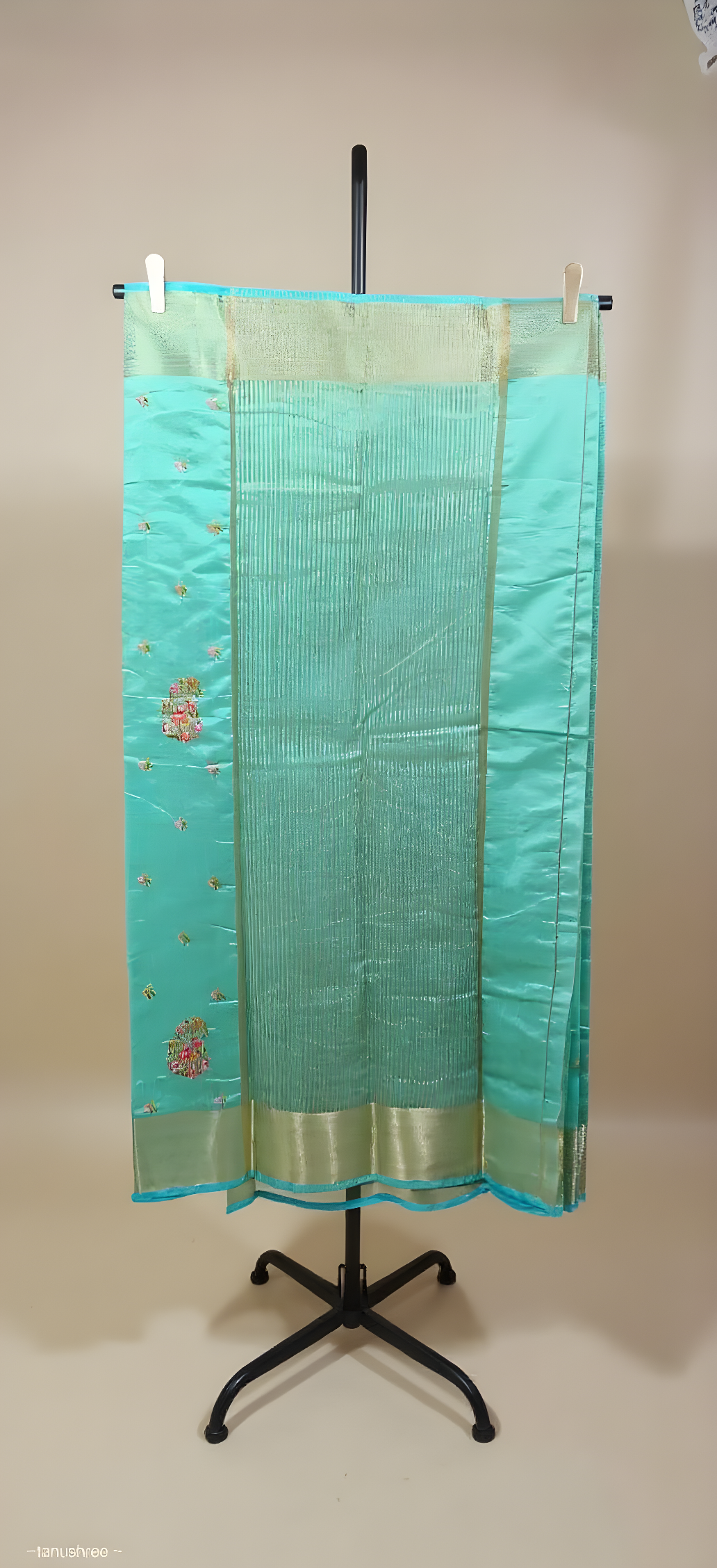 Turquoise Art Silk Saree with Floral Embroidery and Silver-Zari Border