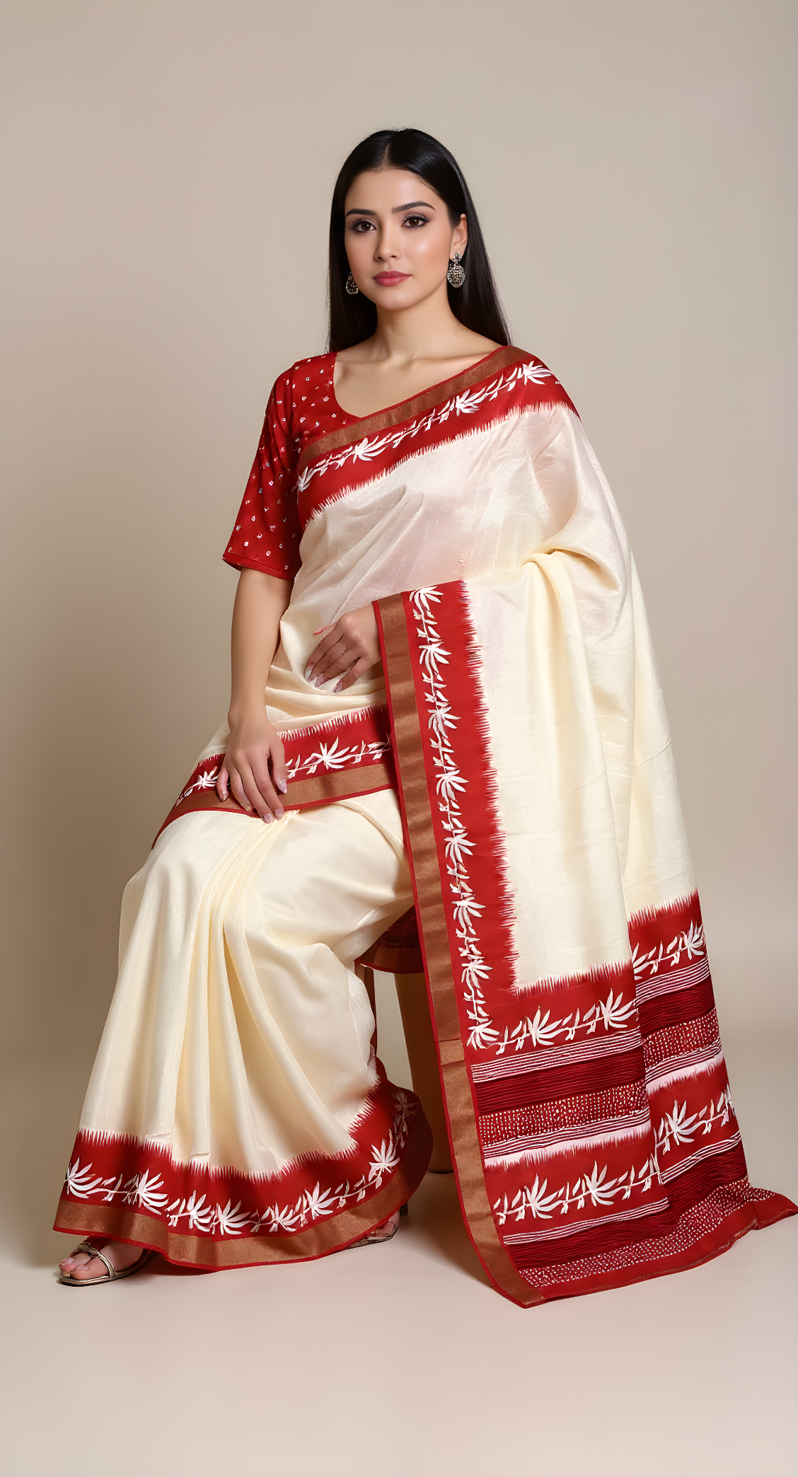 Classic White & Red Slub Silk Saree With Blouse