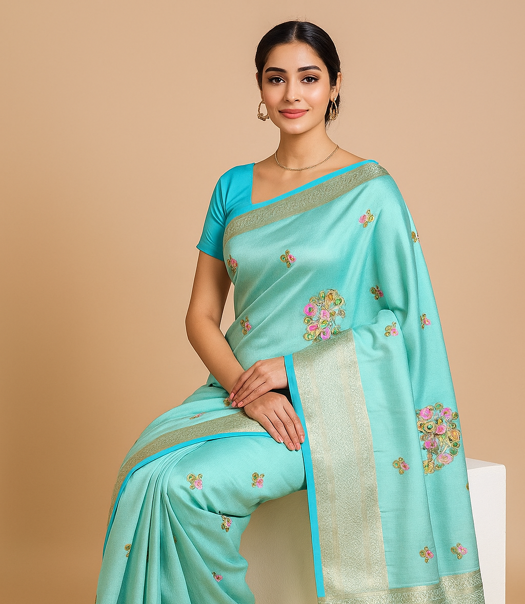 Turquoise Art Silk Saree with Floral Embroidery and Silver-Zari Border