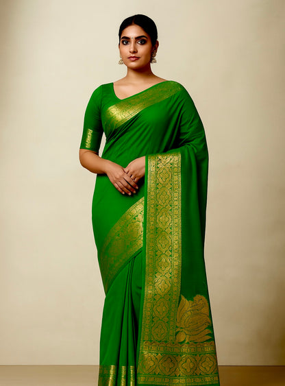 Emerald Elegance Art-Silk Saree with Gold Zari Border