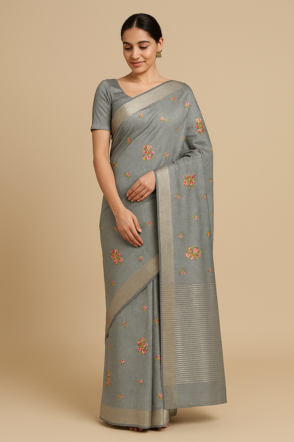 Grey Saree with Floral Embroidery and Silver Zari Border