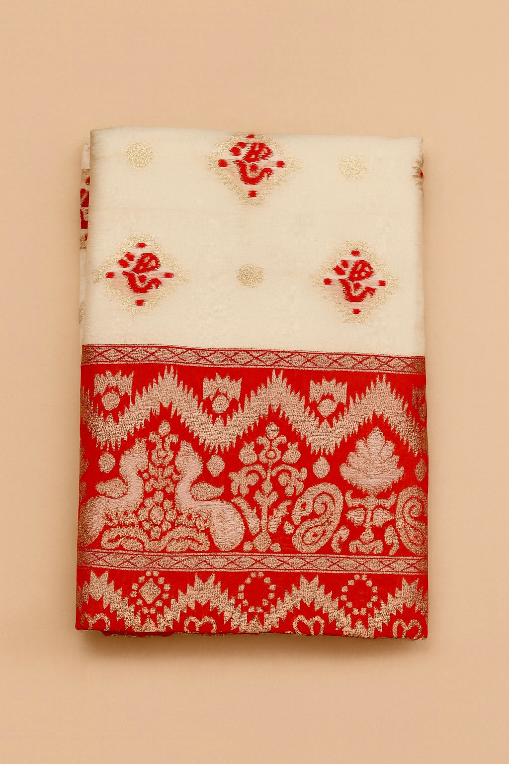 Elegant White Tussar Silk Saree with Red & Golden Weaving