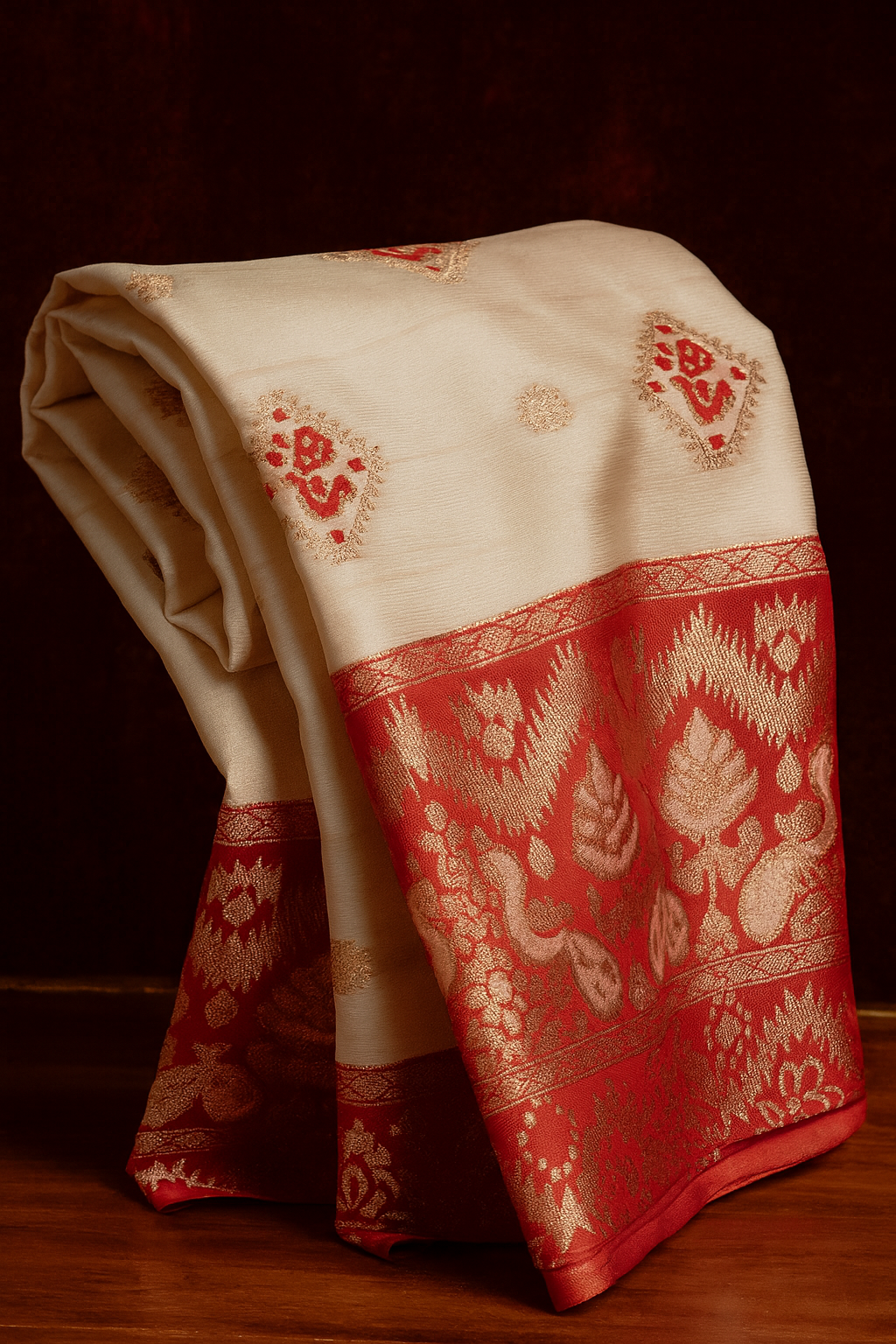 Elegant White Tussar Silk Saree with Red & Golden Weaving