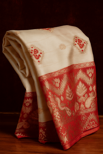 Elegant White Tussar Silk Saree with Red & Golden Weaving