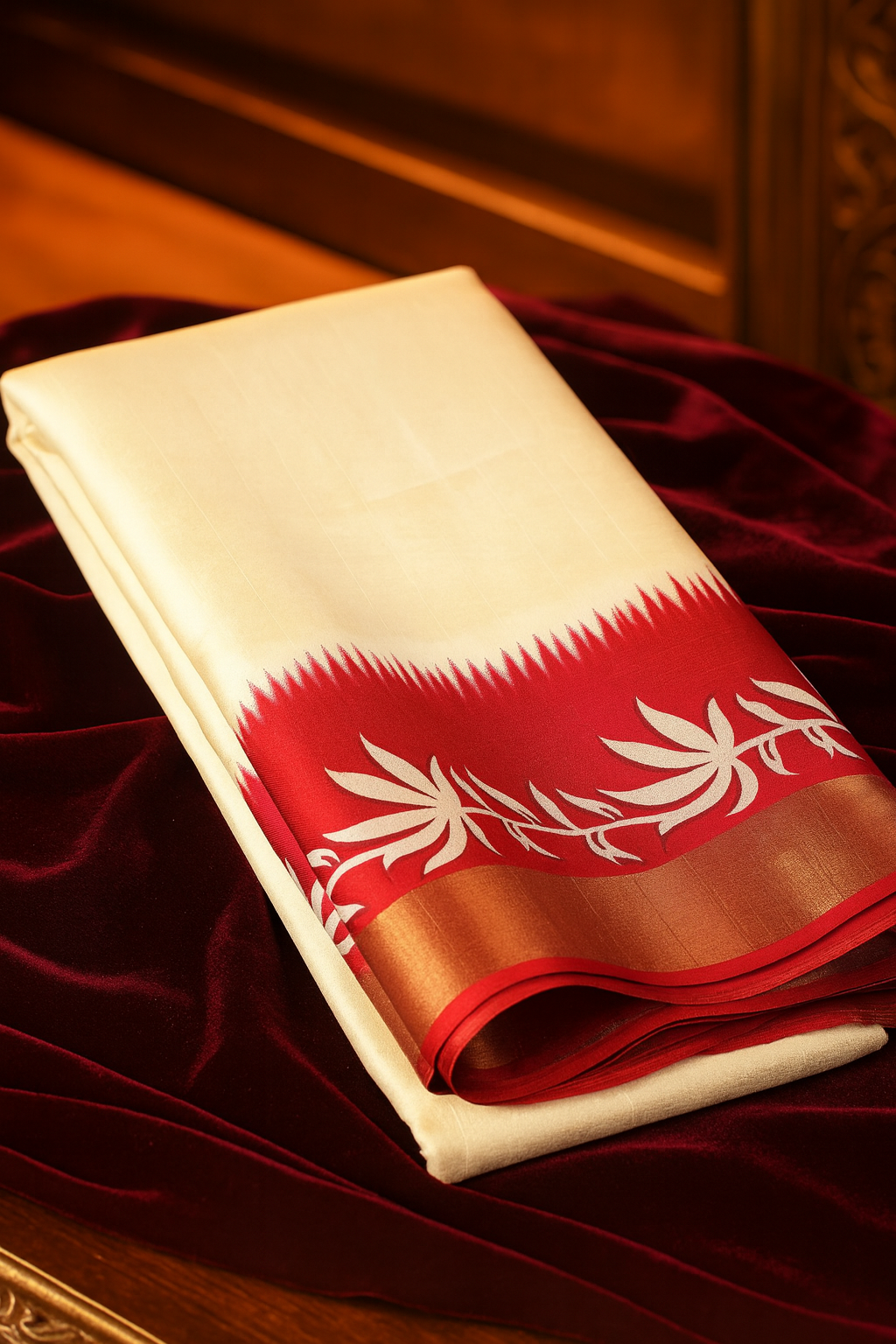 Classic White & Red Slub Silk Saree With Blouse