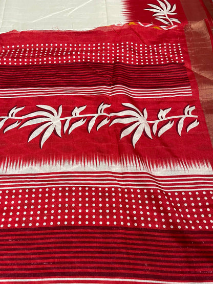 Classic White & Red Slub Silk Saree With Blouse
