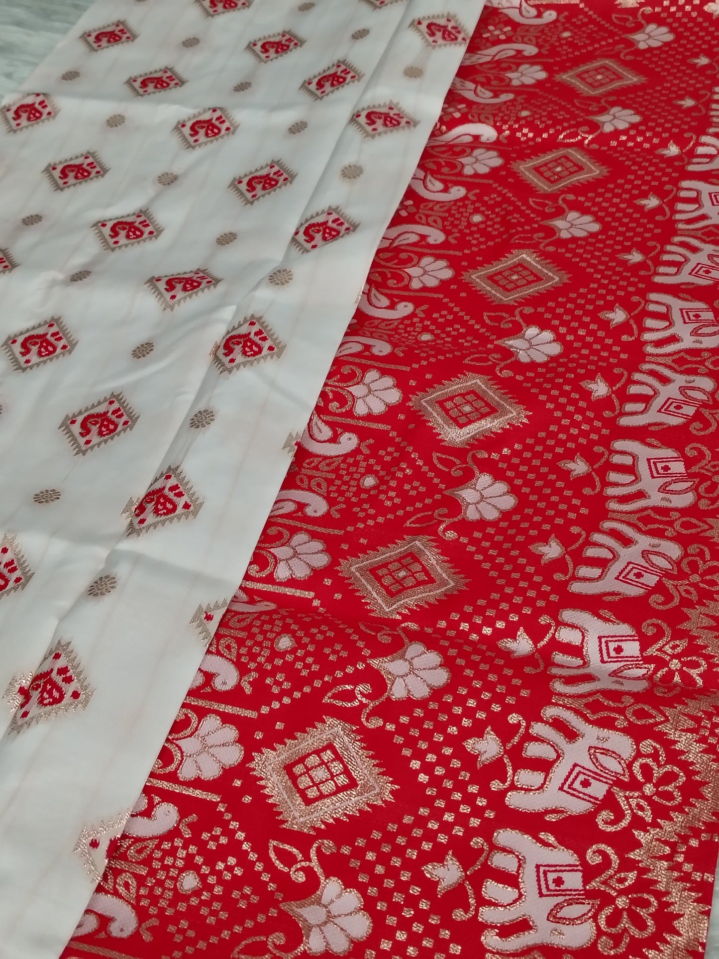 Elegant White Tussar Silk Saree with Red & Golden Weaving