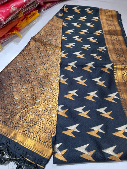 Elegant Black & Gold Art Silk Saree with Zari Bird Motifs
