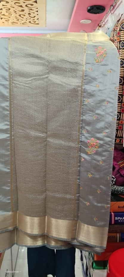 Grey Saree with Floral Embroidery and Silver Zari Border