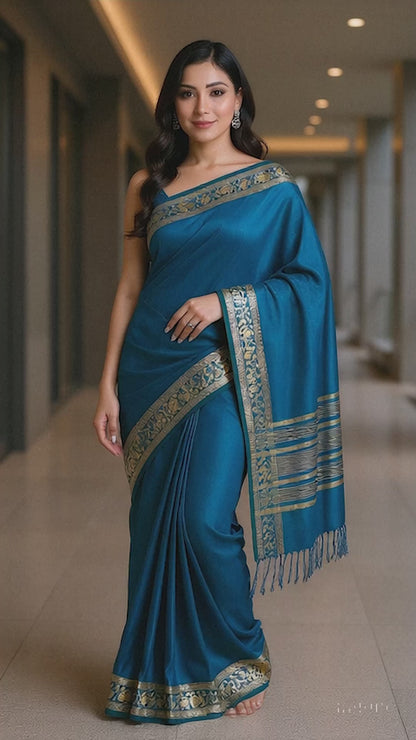 Royal Blue Art Silk Saree with Golden Zari Border
