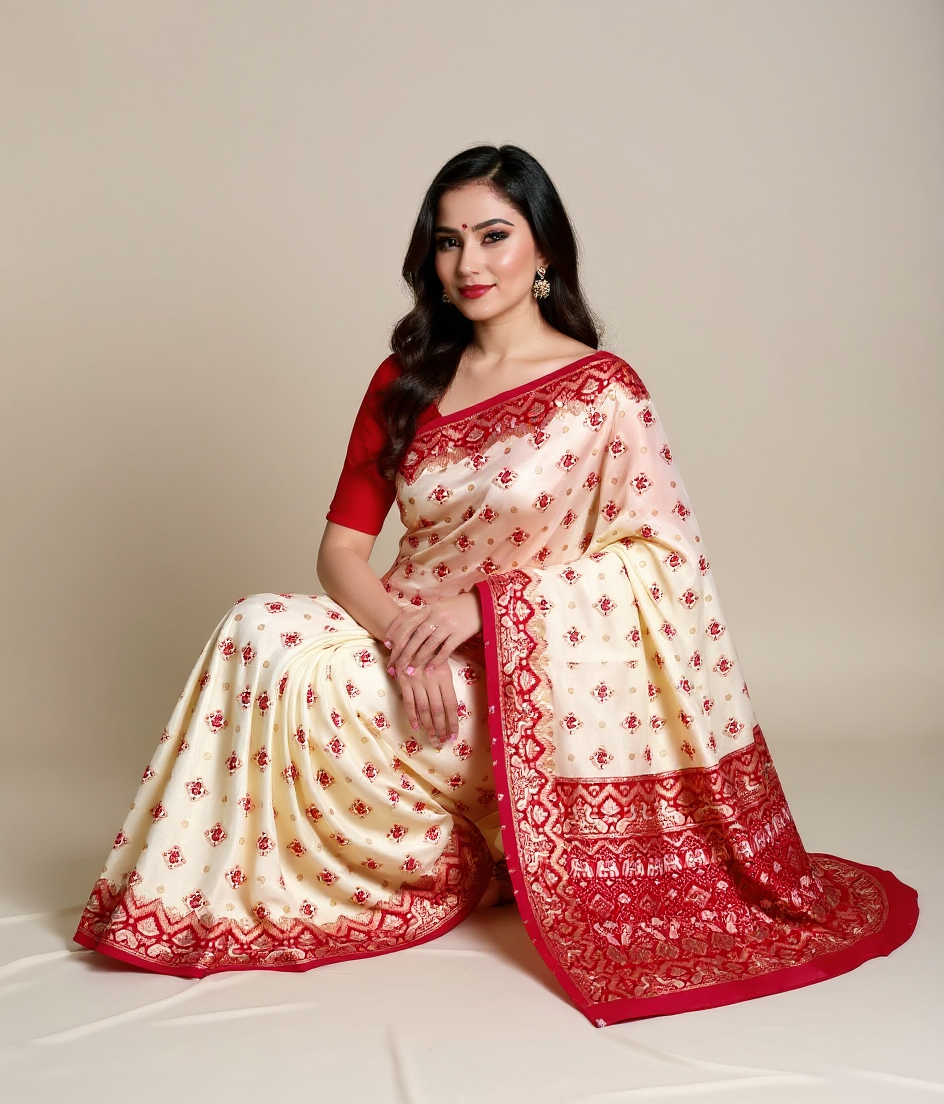 Elegant White Tussar Silk Saree with Red & Golden Weaving