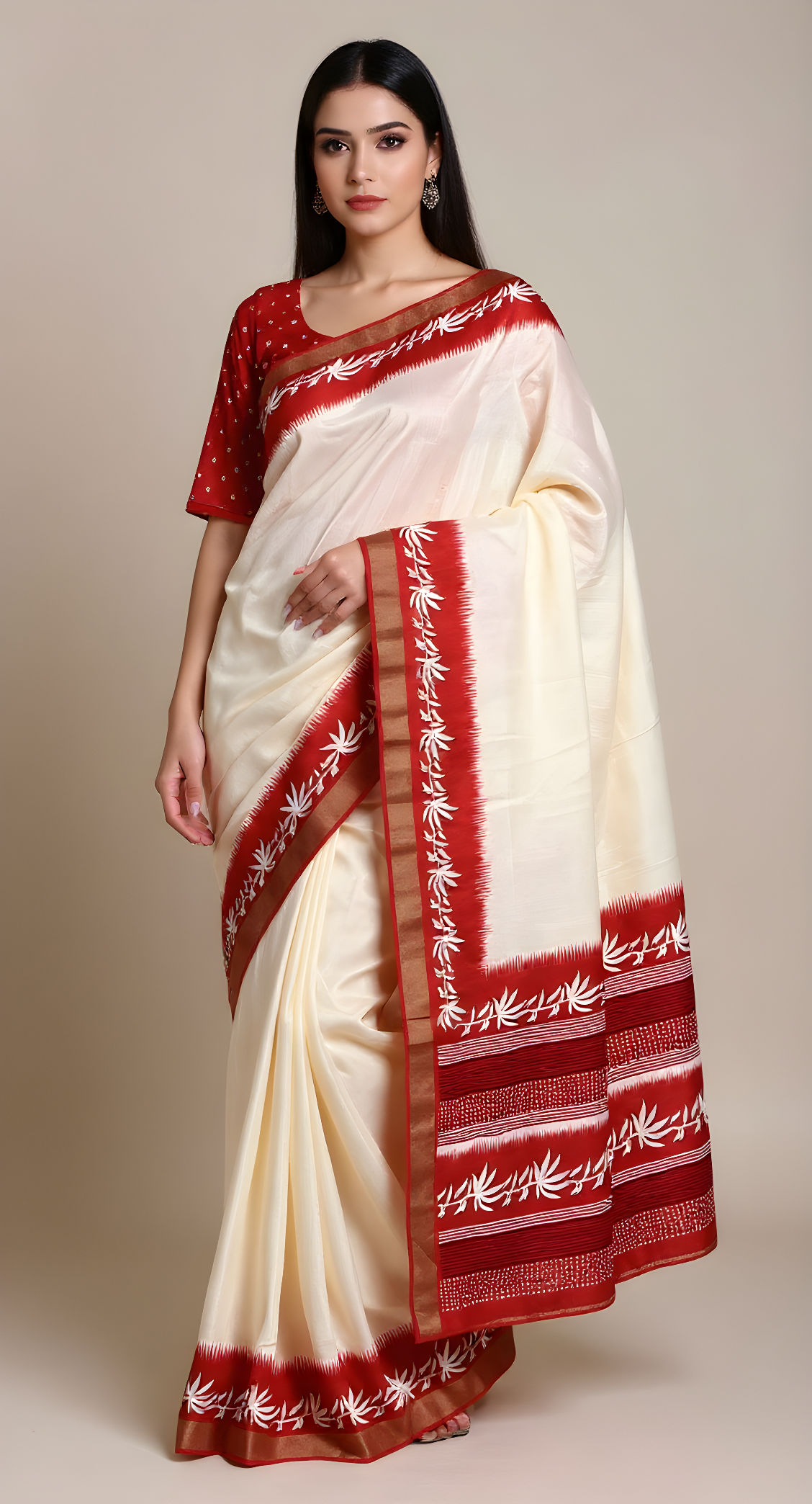 Classic White & Red Slub Silk Saree With Blouse