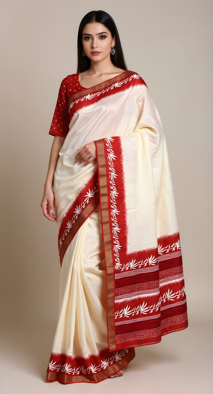 Classic White & Red Slub Silk Saree With Blouse