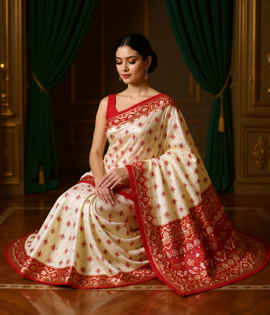 Elegant White Tussar Silk Saree with Red & Golden Weaving